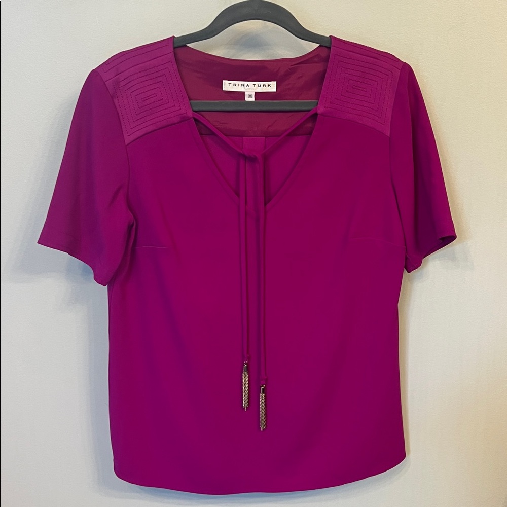 Trina Turk Escondido Blouse Fuchsia Size M – Gold Chain Tassels